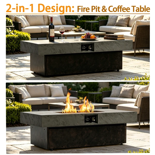 Alt view image 3 of 7 - Rectangle Fire Pit Table, Smokeless Propane Outdoor Firepit Table with Convertible Coffee Design Dual Height Adjustable