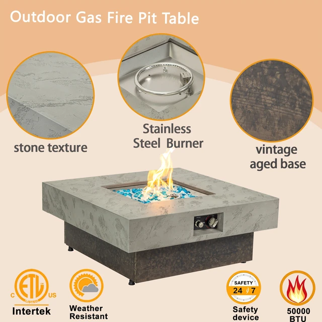 Alt view image 5 of 7 - 34 Inch Square Propane Fire Pit Table, Outdoor Fire Pit Table with Position Adjustable Height for Patio Leisure, Brown