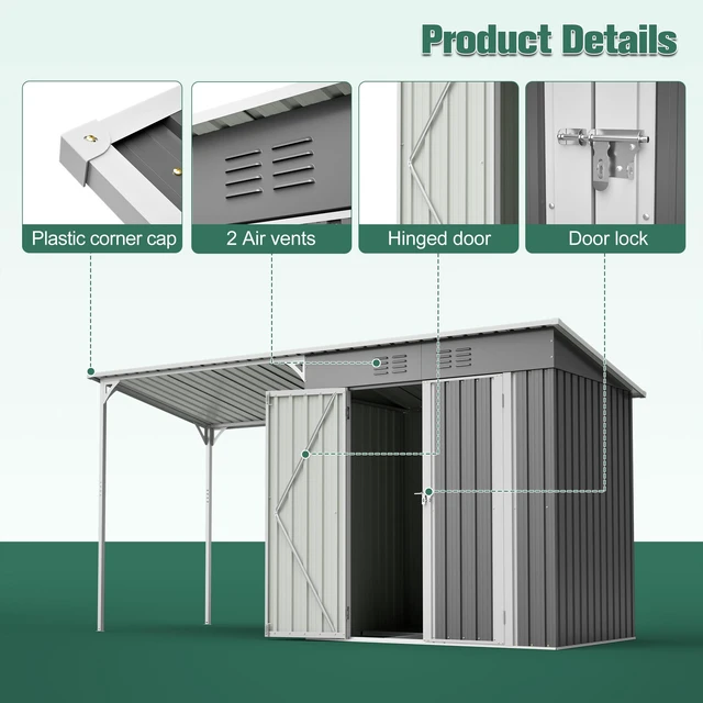 Alt view image 4 of 7 - 6 Storage Shed and Pergola Combo, Outdoor Garden Shelter with Sloping Roof Floor Frame and Air Vents Weatherproof