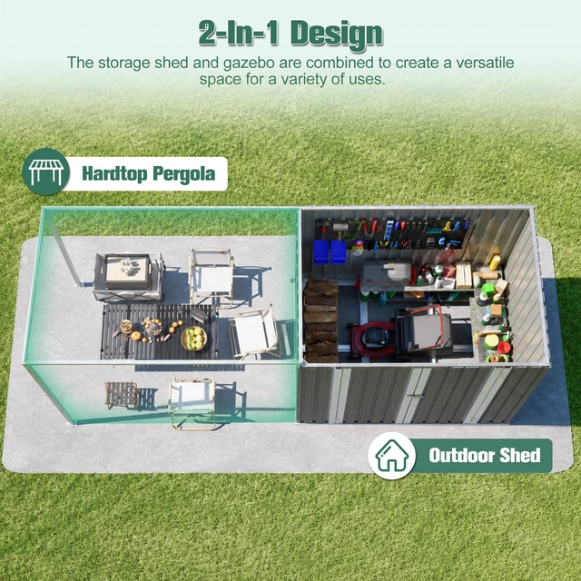 Alt view image 5 of 7 - 6 Storage Shed and Pergola Combo, Outdoor Garden Shelter with Sloping Roof Floor Frame and Air Vents Weatherproof