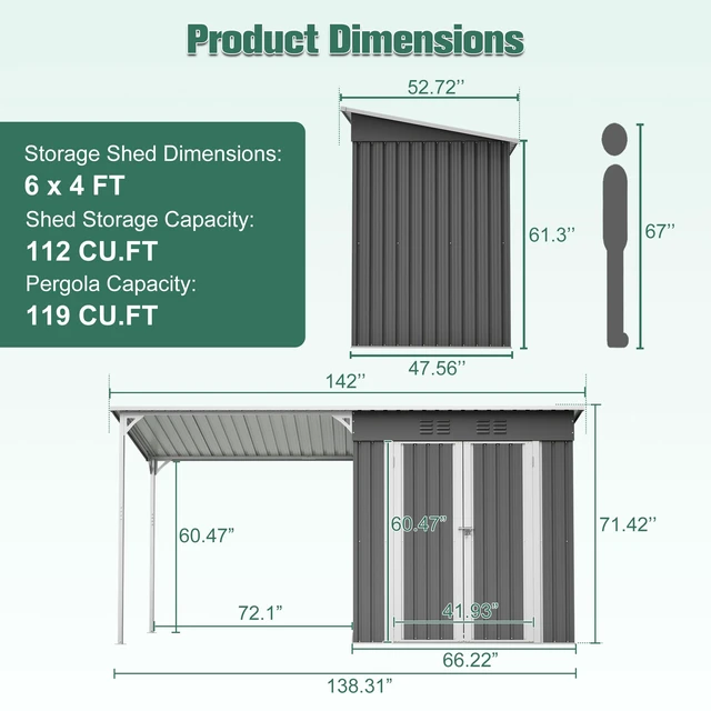 Alt view image 2 of 7 - 6 Storage Shed and Pergola Combo, Outdoor Garden Shelter with Sloping Roof Floor Frame and Air Vents Weatherproof