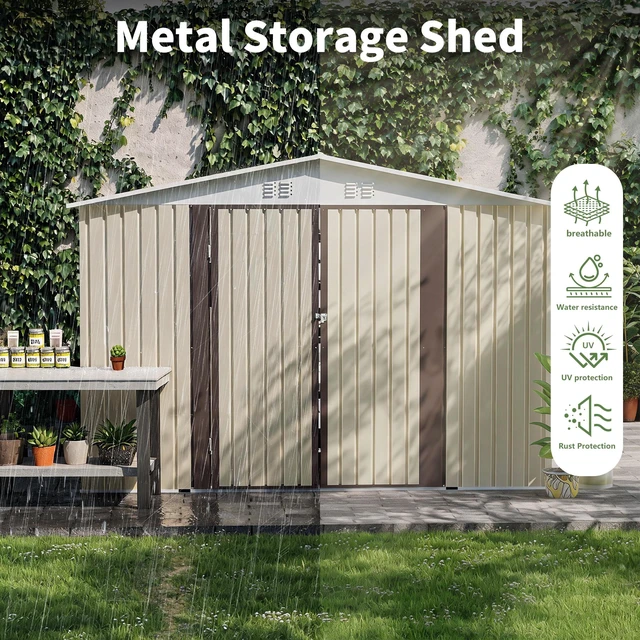 Alt view image 2 of 7 - 10 Metal Garden Shed with Metal Frame Hinge Door Design Storage Sheds Patio Use, Beige White