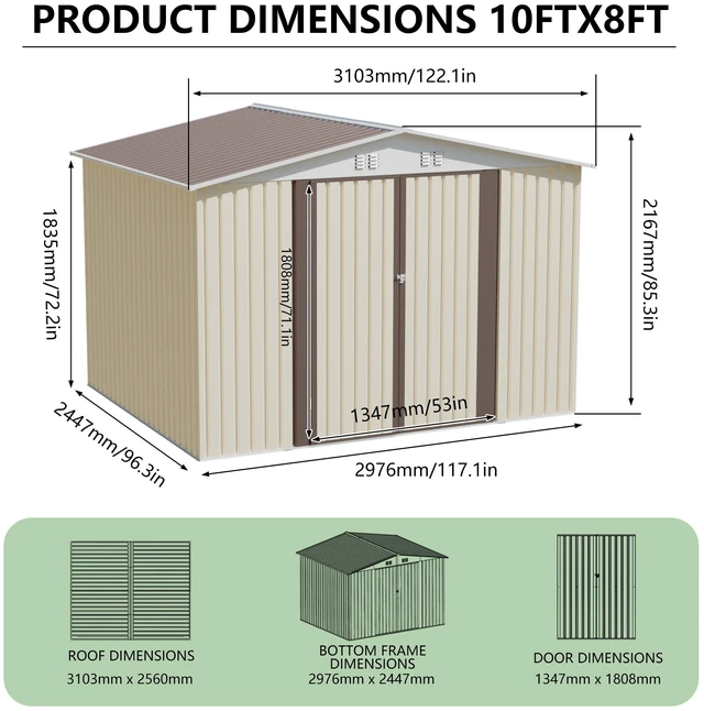 Alt view image 3 of 7 - 10 Metal Garden Shed with Metal Frame Hinge Door Design Storage Sheds Patio Use, Beige White