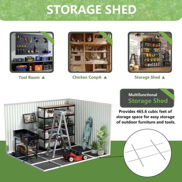 Alt view image 6 of 7 - 10 Metal Garden Shed with Metal Frame Hinge Door Design Storage Sheds Patio Use, Beige White