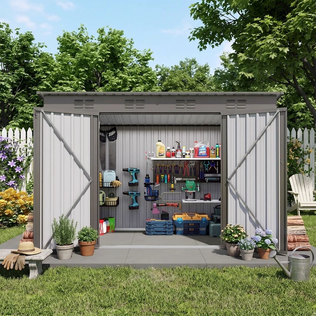 Alt view image 2 of 7 - 4 Outdoor Storage Shed, Metal Garden Shed Storage Tool with Sloping Roof Vents and Swing Doors for Garden Patio Lawn