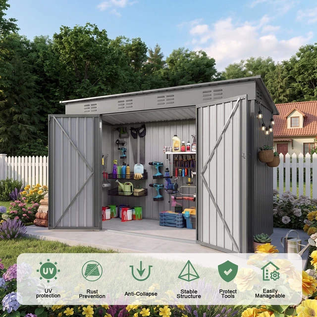 Alt view image 3 of 7 - 4 Outdoor Storage Shed, Metal Garden Shed Storage Tool with Sloping Roof Vents and Swing Doors for Garden Patio Lawn