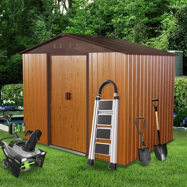 Alt view image 2 of 7 - 8 ft 6 ft Outdoor Metal Storage Shed with Metal Foundation, Upgraded Version, Coffee, Iron