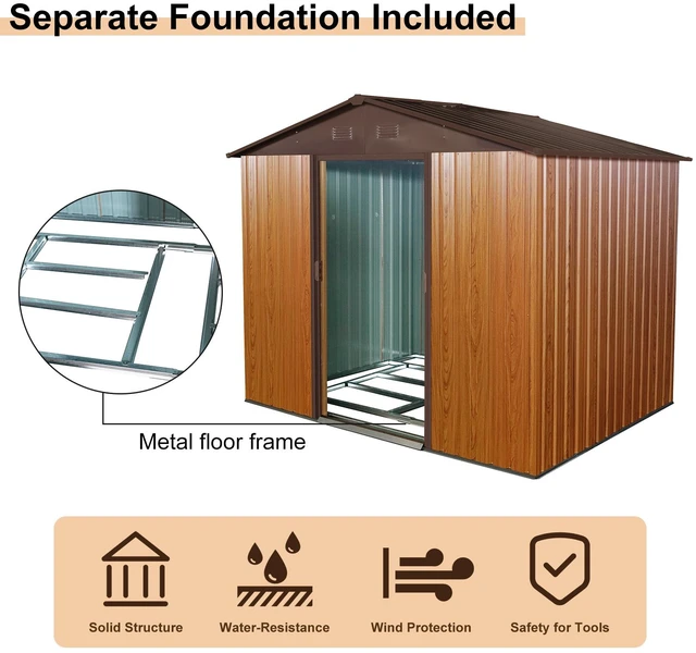 Alt view image 4 of 7 - 8 ft 6 ft Outdoor Metal Storage Shed with Metal Foundation, Upgraded Version, Coffee, Iron