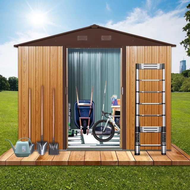 Main image of 8 ft 6 ft Outdoor Metal Storage Shed with Metal Foundation, Upgraded Version, Coffee, Iron