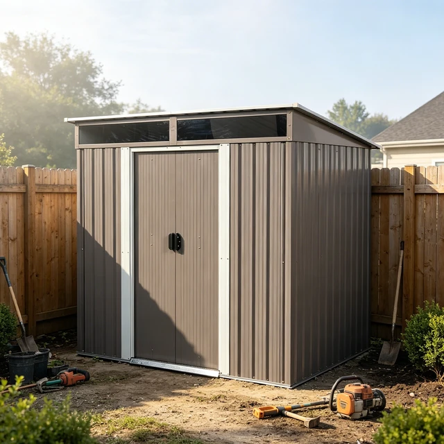 Alt view image 2 of 7 - 6 ft 5 ft Sloped Roof Metal Shed with Transparent Top Panels, Galvanized Steel Tool Shed Lockable Sliding Door