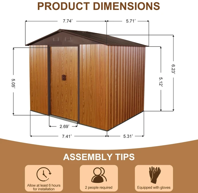 Alt view image 6 of 7 - 8 ft 6 ft Outdoor Metal Storage Shed with Metal Foundation, Upgraded Version, Coffee, Iron