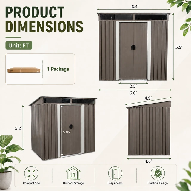 Alt view image 3 of 7 - 6 ft 5 ft Sloped Roof Metal Shed with Transparent Top Panels, Galvanized Steel Tool Shed Lockable Sliding Door