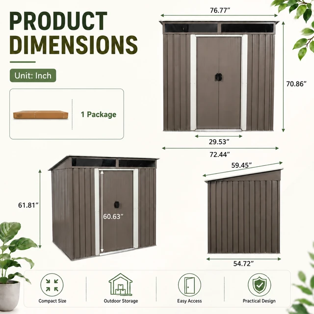 Alt view image 4 of 7 - 6 ft 5 ft Sloped Roof Metal Shed with Transparent Top Panels, Galvanized Steel Tool Shed Lockable Sliding Door