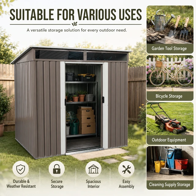 Alt view image 5 of 7 - 6 ft 5 ft Sloped Roof Metal Shed with Transparent Top Panels, Galvanized Steel Tool Shed Lockable Sliding Door