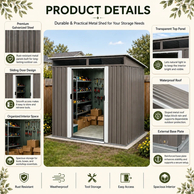 Alt view image 6 of 7 - 6 ft 5 ft Sloped Roof Metal Shed with Transparent Top Panels, Galvanized Steel Tool Shed Lockable Sliding Door
