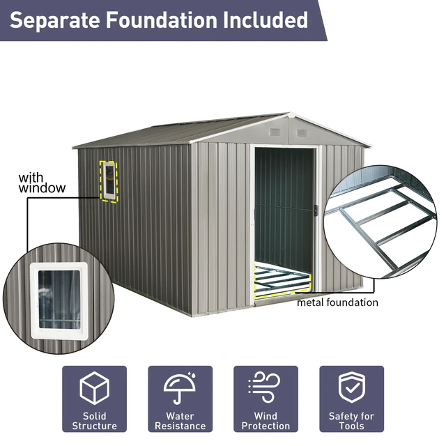 Alt view image 2 of 7 - 8 ft 10 ft Outdoor Metal Storage Shed with Metal Foundation, Window, Grey, Iron