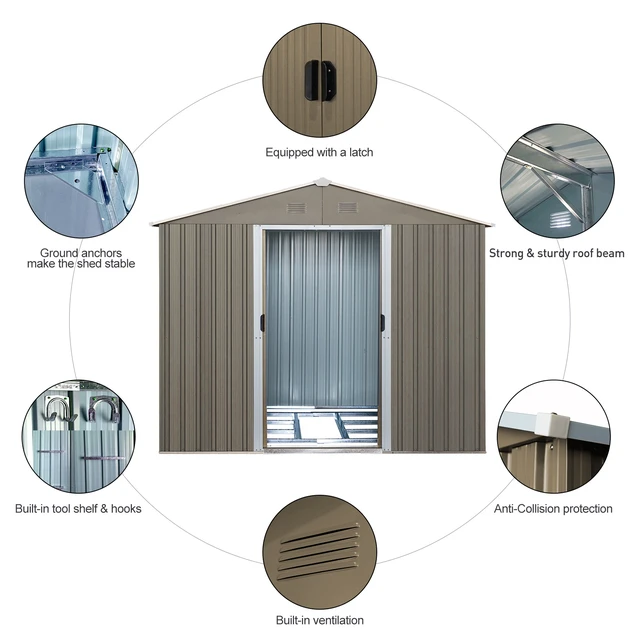 Alt view image 3 of 7 - 8 ft 10 ft Outdoor Metal Storage Shed with Metal Foundation, Window, Grey, Iron