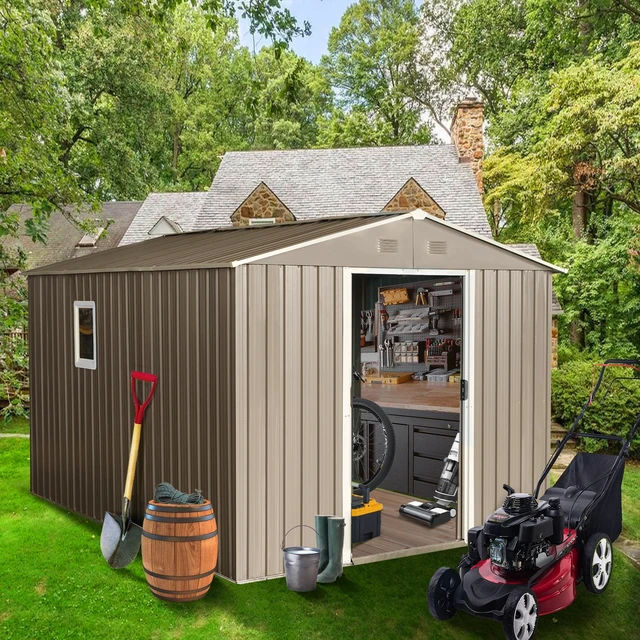 Main image of 8 ft 10 ft Outdoor Metal Storage Shed with Metal Foundation, Window, Grey, Iron