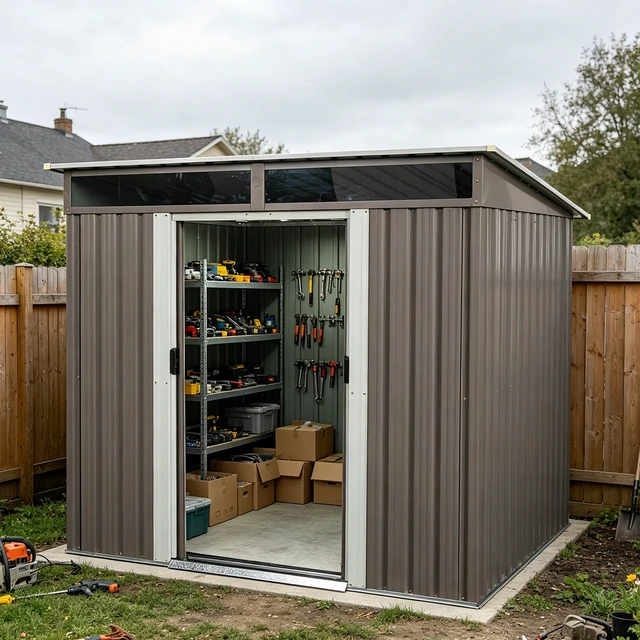 Alt view image 7 of 7 - 6 ft 5 ft Sloped Roof Metal Shed with Transparent Top Panels, Galvanized Steel Tool Shed Lockable Sliding Door