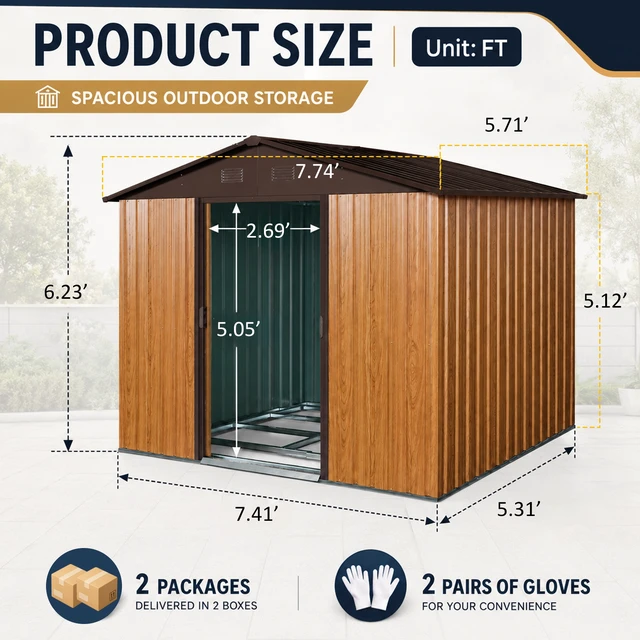 Alt view image 6 of 7 - 8 ft 6 ft Outdoor Metal Storage Shed with Metal Foundation, Coffee, Iron