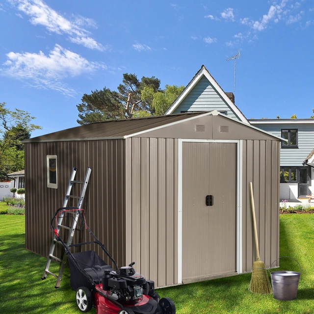 Alt view image 7 of 7 - 8 ft 10 ft Outdoor Metal Storage Shed with Metal Foundation, Window, Grey, Iron