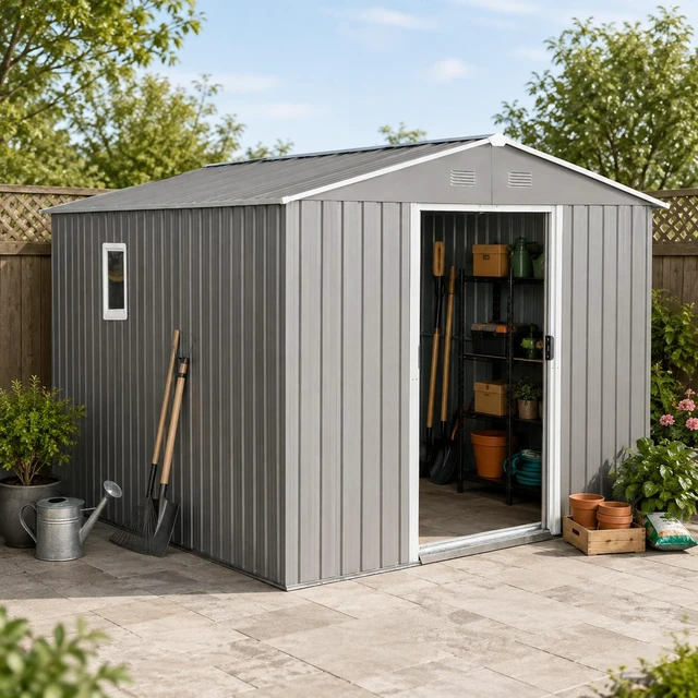 Main image of 8 ft 10 ft Metal Outdoor Storage Shed, Garden Tool Shed with Window Lockable Door and Built in Vents Storage Building