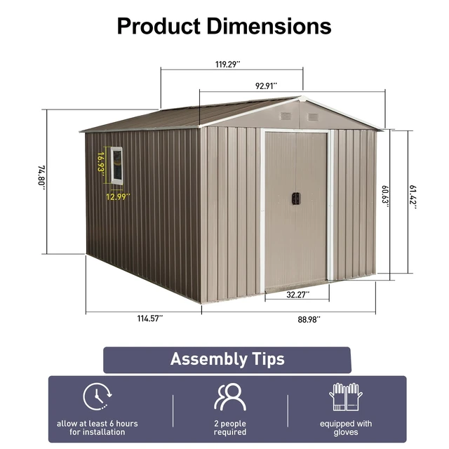 Alt view image 6 of 7 - 8 ft 10 ft Outdoor Metal Storage Shed with Metal Foundation, Window, Grey, Iron