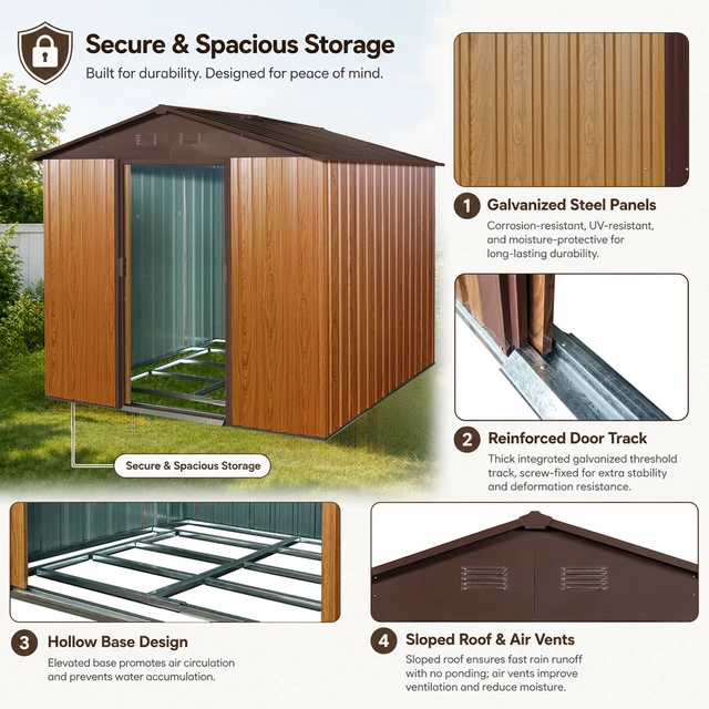 Alt view image 3 of 7 - 8 ft 6 ft Outdoor Metal Storage Shed with Metal Foundation, Coffee, Iron