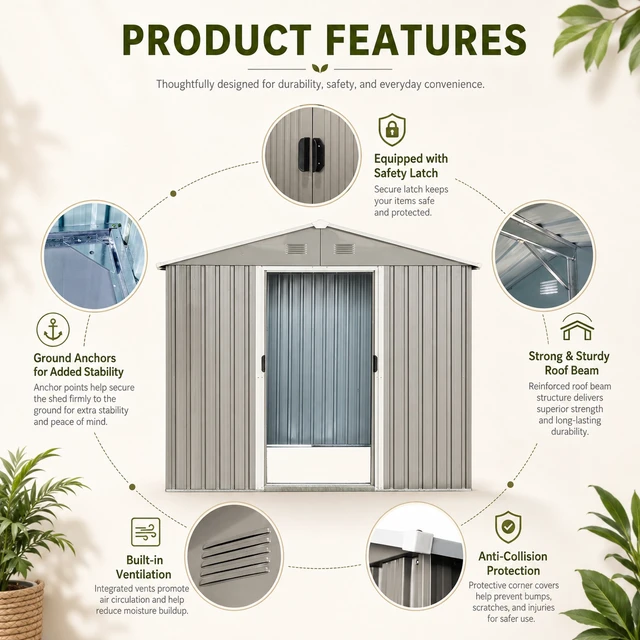 Alt view image 4 of 7 - 8 ft 10 ft Metal Outdoor Storage Shed, Garden Tool Shed with Window Lockable Door and Built in Vents Storage Building
