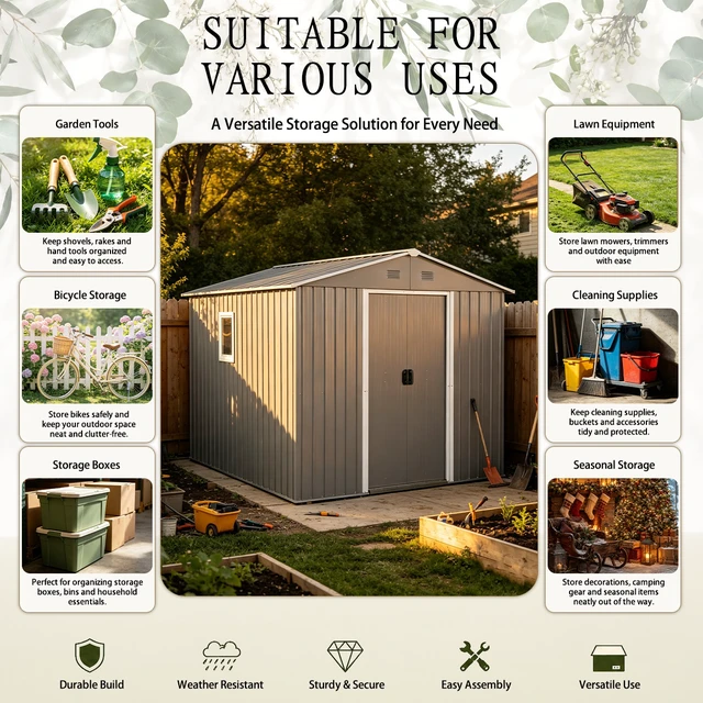 Alt view image 7 of 7 - 8 ft 10 ft Metal Outdoor Storage Shed, Garden Tool Shed with Window Lockable Door and Built in Vents Storage Building