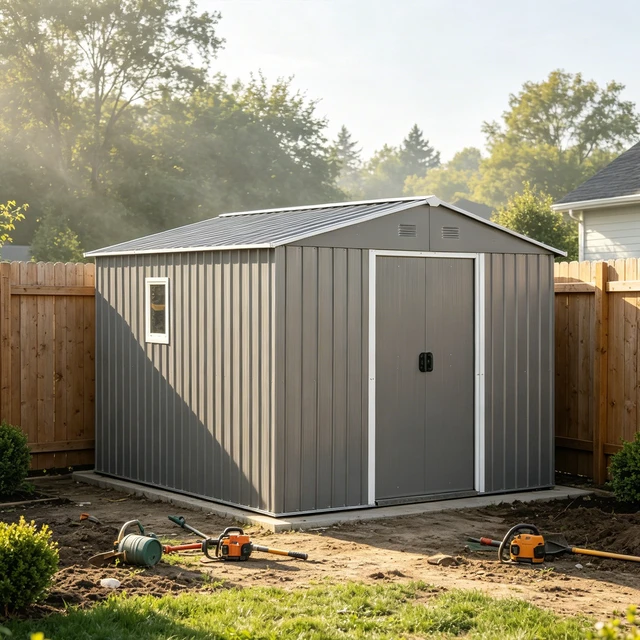 Alt view image 2 of 7 - 8 ft 10 ft Metal Outdoor Storage Shed, Garden Tool Shed with Window Lockable Door and Built in Vents Storage Building