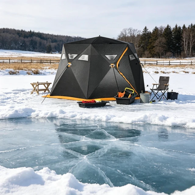 Alt view image 2 of 7 - Outdoor Winter Ice Fishing Tent, Camping Shelter Portable Quick Setup Ice Fishing Shelter Insulated Pop-Up Tent, Black
