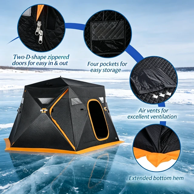 Alt view image 6 of 7 - Outdoor Winter Ice Fishing Tent, Camping Shelter Portable Quick Setup Ice Fishing Shelter Insulated Pop-Up Tent, Black