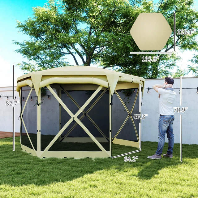 Alt view image 7 of 7 - Pop Gazebo Screen Tent, 11 ft with Removable Roof Cover Roll Wind Panels and Carry Bag for Camping Patio Lawn