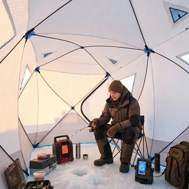 Alt view image 2 of 7 - 5 to 8 Person Ice Fishing Shelter, Pop-Up Ice Fishing Tent Shanty Portable and Insulated with 2 Doors and Carrying Bag