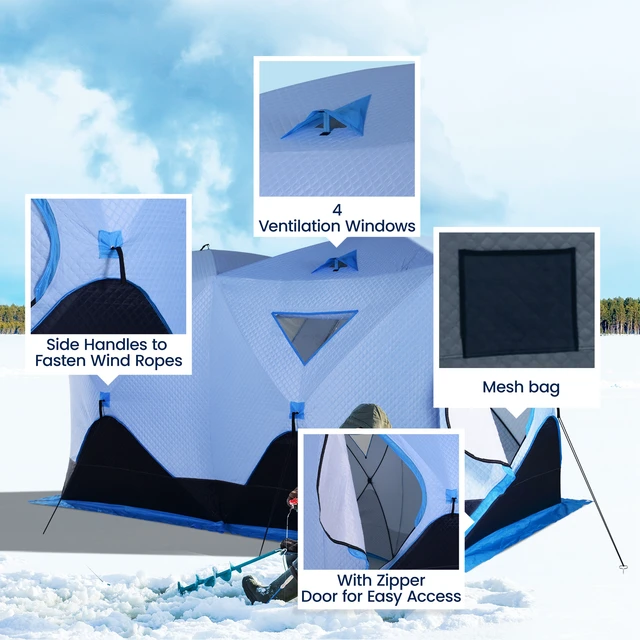 Alt view image 3 of 7 - 5 to 8 Person Ice Fishing Shelter, Pop-Up Ice Fishing Tent Shanty Portable and Insulated with 2 Doors and Carrying Bag