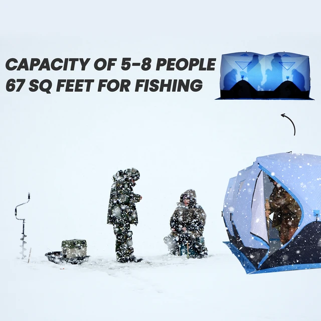 Alt view image 4 of 7 - 5 to 8 Person Ice Fishing Shelter, Pop-Up Ice Fishing Tent Shanty Portable and Insulated with 2 Doors and Carrying Bag