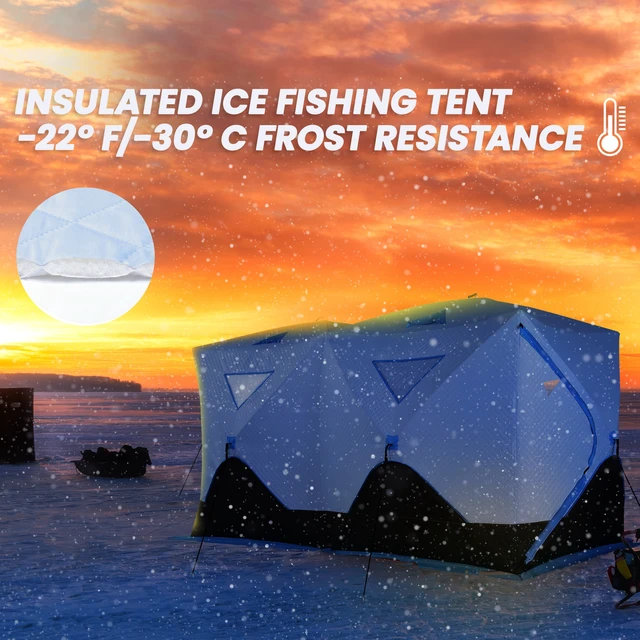Alt view image 5 of 7 - 5 to 8 Person Ice Fishing Shelter, Pop-Up Ice Fishing Tent Shanty Portable and Insulated with 2 Doors and Carrying Bag