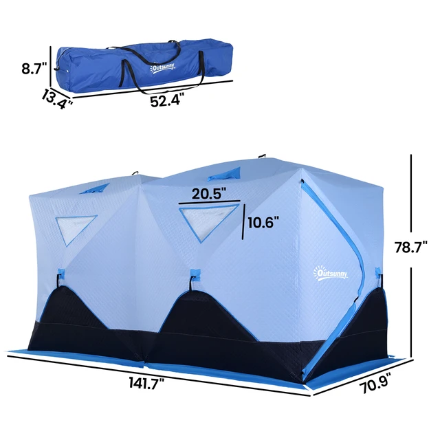 Alt view image 7 of 7 - 5 to 8 Person Ice Fishing Shelter, Pop-Up Ice Fishing Tent Shanty Portable and Insulated with 2 Doors and Carrying Bag