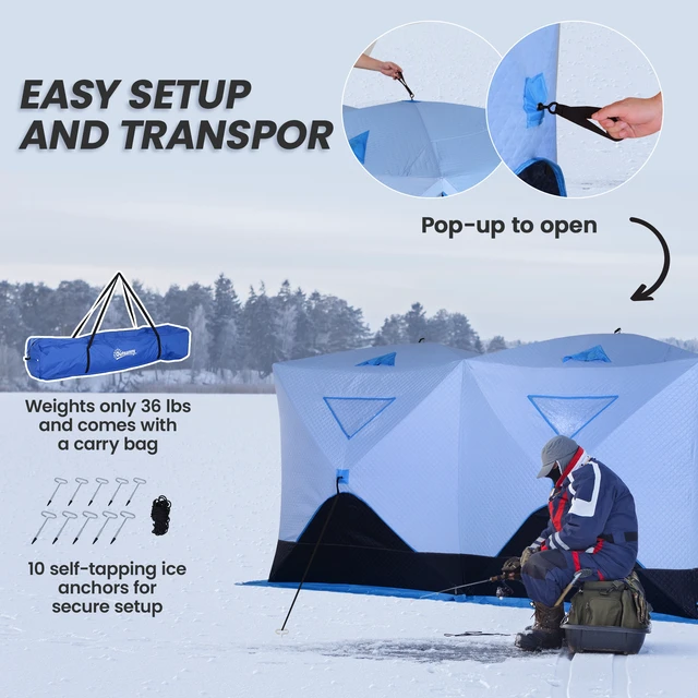 Alt view image 6 of 7 - 5 to 8 Person Ice Fishing Shelter, Pop-Up Ice Fishing Tent Shanty Portable and Insulated with 2 Doors and Carrying Bag