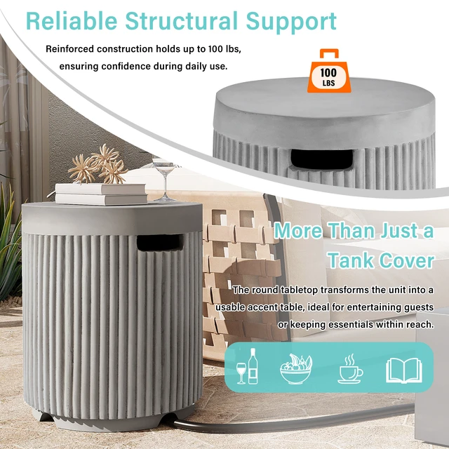 Alt view image 4 of 7 - Outdoor Round Propane Tank Cover Table with Vertical Fluted Design, Cylinder Propane Tank Hideaway for 20 lb Gas 16.93