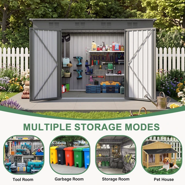 Alt view image 6 of 7 - 4 Outdoor Storage Shed, Metal Garden Shed Storage Tool with Sloping Roof Vents and Swing Doors for Garden Patio Lawn