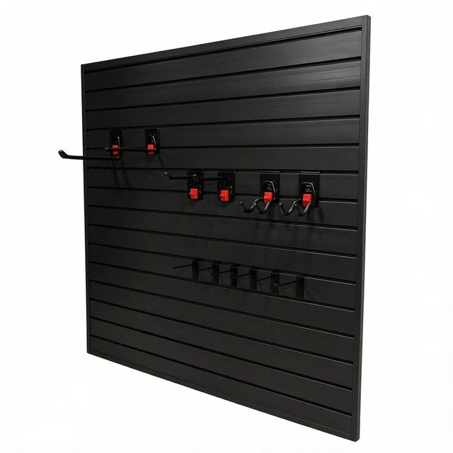 Alt view image 2 of 7 - PVC Slatwall Panel Kit, 4 ft Wall Storage System with Safety Lock Hooks Lightweight Water Resistant Panels Hidden