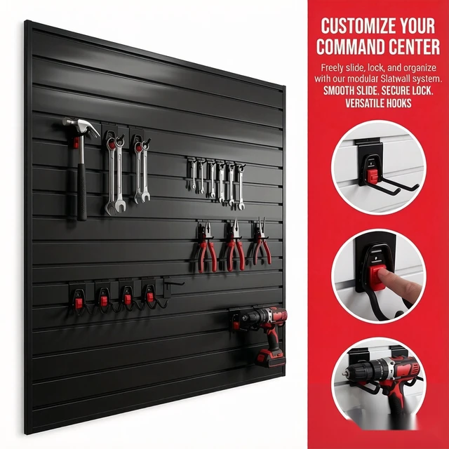 Alt view image 5 of 7 - PVC Slatwall Panel Kit, 4 ft Wall Storage System with Safety Lock Hooks Lightweight Water Resistant Panels Hidden