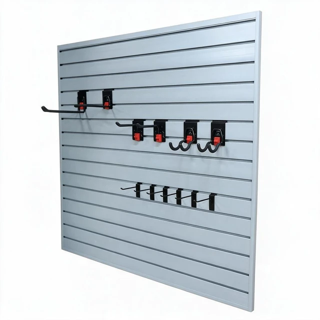Alt view image 2 of 7 - PVC Slatwall Panel Kit, 4 ft Wall Storage System with Safety Lock Hooks Lightweight Water Resistant Panels Hidden