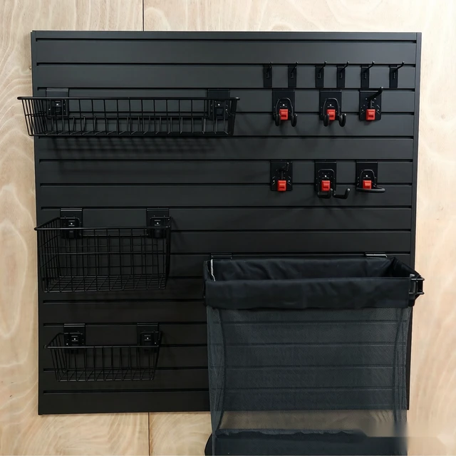 Alt view image 7 of 7 - PVC Slatwall Panel Kit, 4 ft Wall Storage System with Safety Lock Hooks Lightweight Water Resistant Panels Hidden