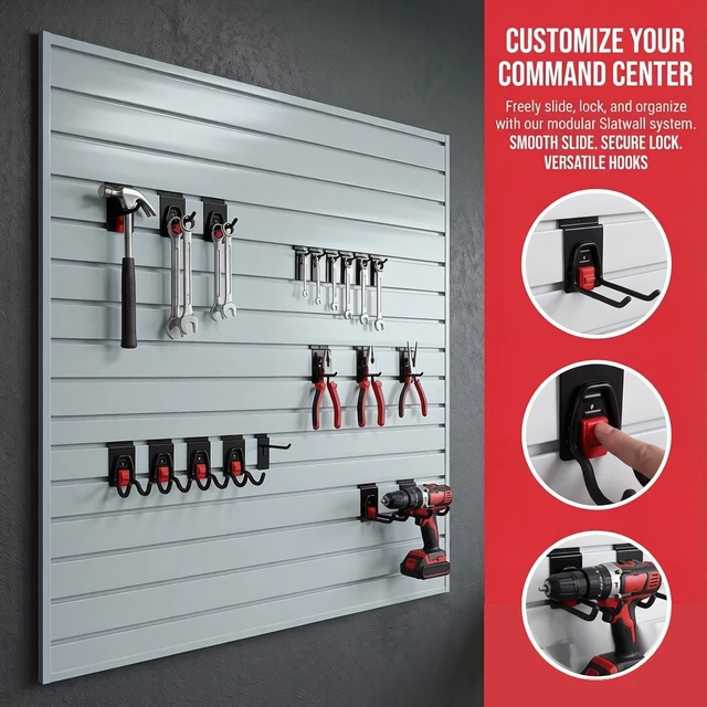 Alt view image 5 of 7 - PVC Slatwall Panel Kit, 4 ft Wall Storage System with Safety Lock Hooks Lightweight Water Resistant Panels Hidden