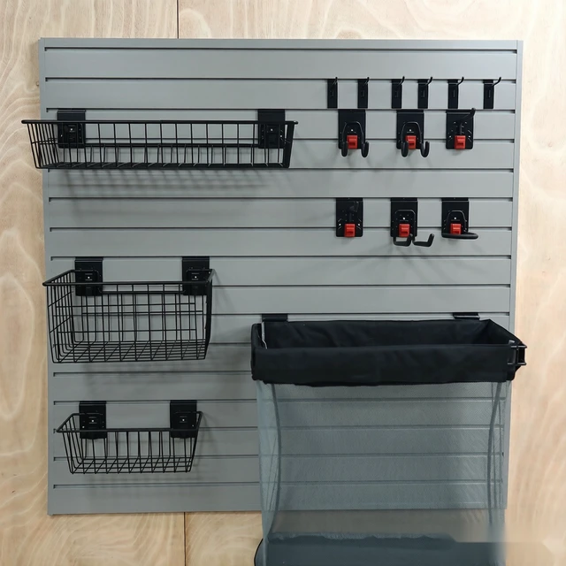 Alt view image 7 of 7 - PVC Slatwall Panel Kit, 4 ft Wall Storage System with Safety Lock Hooks Lightweight Water Resistant Panels Hidden