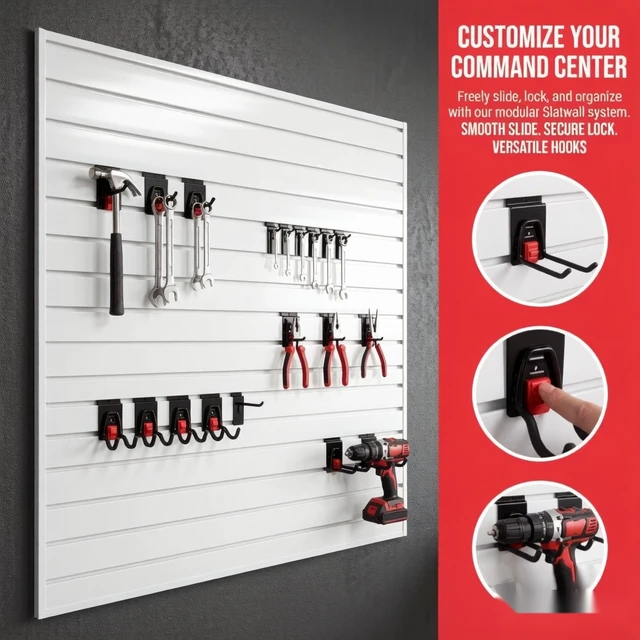 Alt view image 5 of 7 - PVC Slatwall Panel Kit, 4 ft Wall Storage System with Safety Lock Hooks Lightweight Water Resistant Panels Hidden