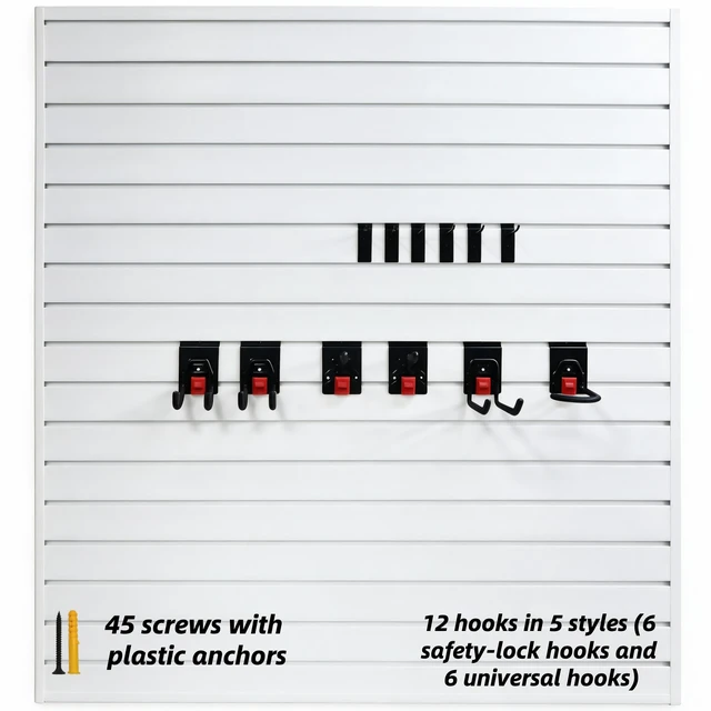 Alt view image 6 of 7 - PVC Slatwall Panel Kit, 4 ft Wall Storage System with Safety Lock Hooks Lightweight Water Resistant Panels Hidden
